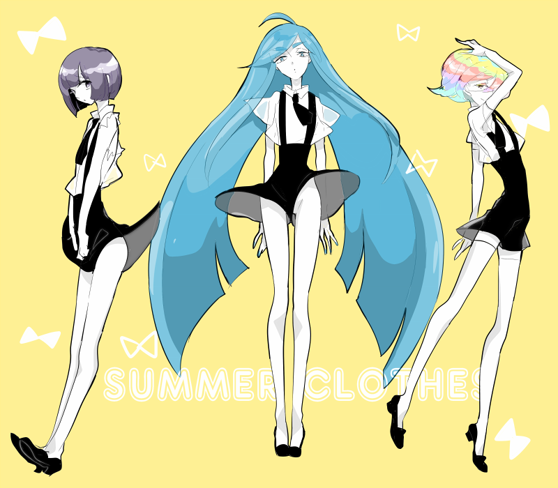 alexandrite_(houseki_no_kuni) androgynous black_eyes black_footwear black_hair black_neckwear blue_eyes blue_hair cojimama diamond_(houseki_no_kuni) elbow_gloves gem_uniform_(houseki_no_kuni) gloves houseki_no_kuni long_hair multicolored_hair necktie obsidian_(houseki_no_kuni) shirt short_hair short_sleeves shorts smile suspender_shorts suspenders thigh-highs white_gloves white_legwear white_shirt yellow_background