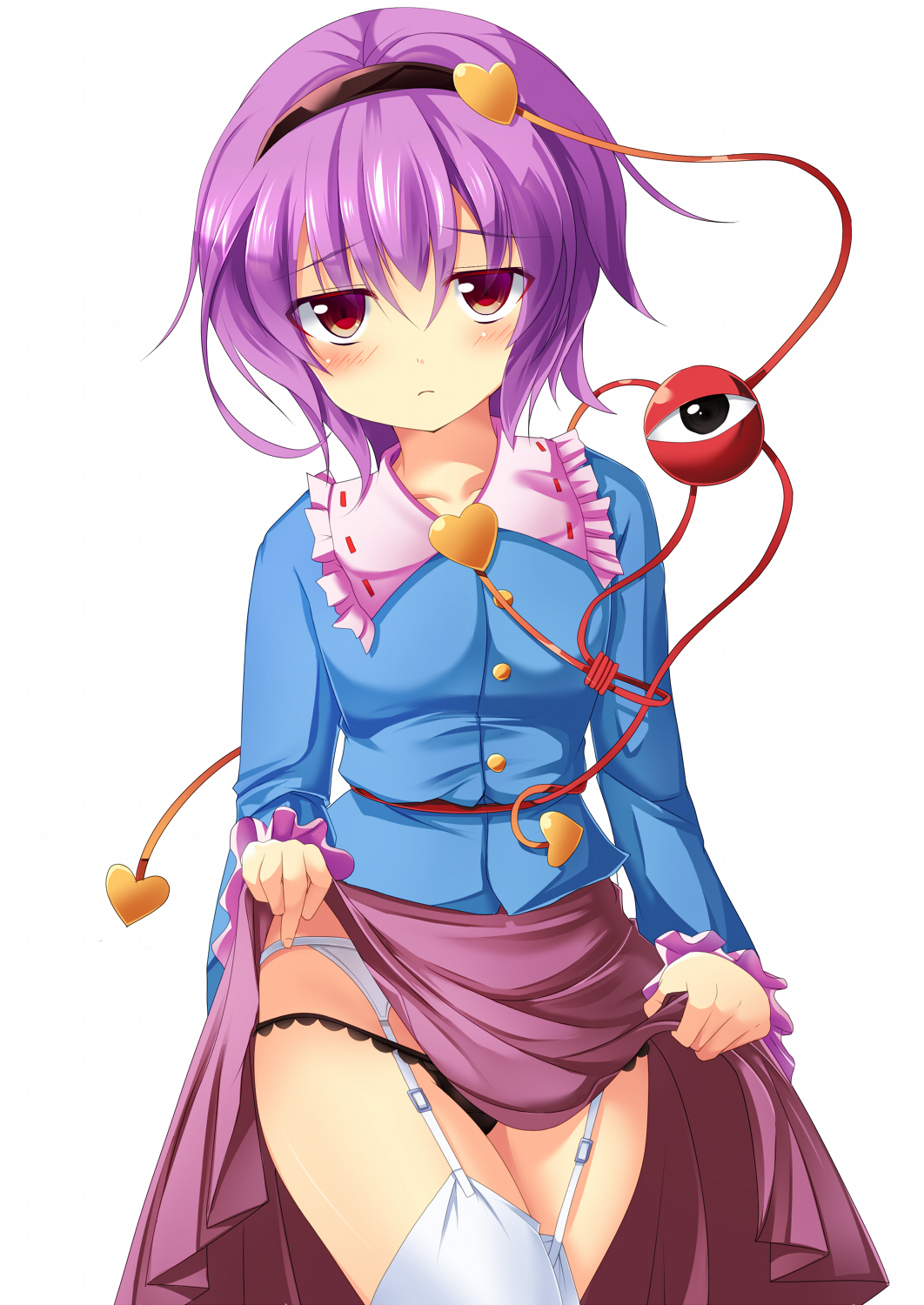 1girl black_panties blush breasts closed_mouth collarbone cookie_(touhou) eyebrows_visible_through_hair garter_belt hairband heart highres komeiji_satori looking_at_viewer mashiroma_zenima medium_breasts panties purple_hair red_eyes short_hair szk thigh-highs third_eye touhou underwear white_legwear