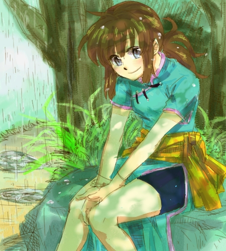1girl ake_(ake54) bangs between_legs black_hair blue_eyes bracelet chi-chi_(dragon_ball) chinese_clothes dragon_ball eyebrows_visible_through_hair hand_between_legs jewelry knees_together_feet_apart looking_at_viewer lowres ponytail sitting smile solo_focus