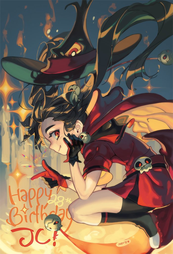 1girl black_hair borrowed_character candle english fang gloves halloween happy_birthday hat judy_jong long_hair original red_eyes smile solo witch witch_hat