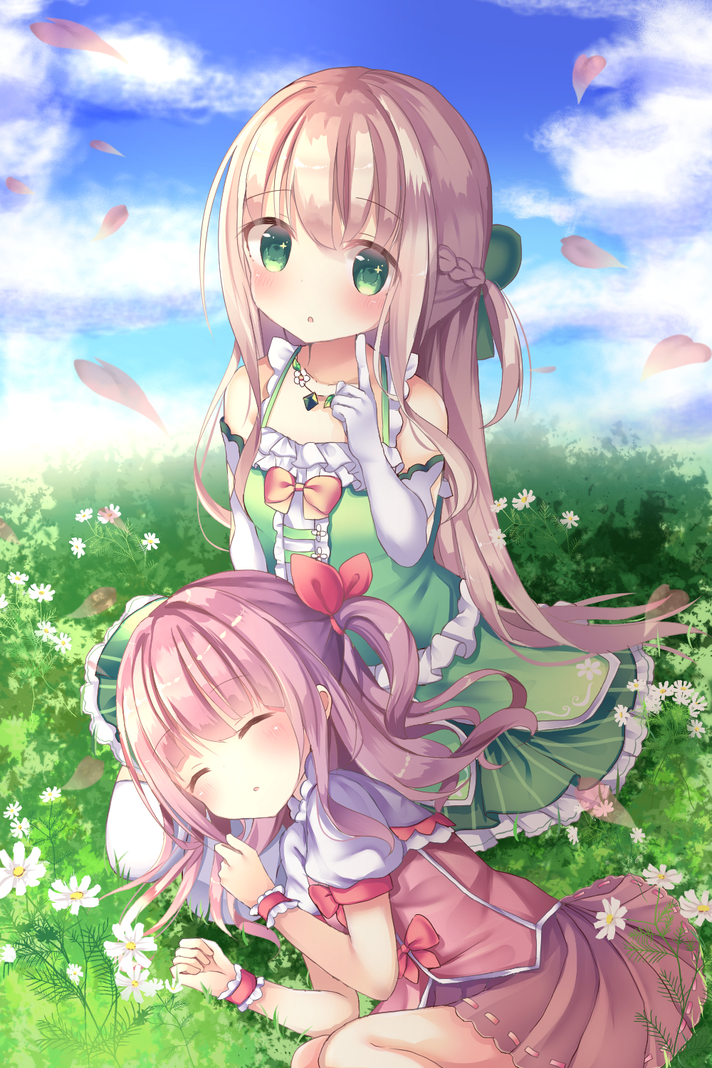 2girls :o bangs blue_sky blush bow braid brown_hair brown_skirt closed_eyes clouds cloudy_sky commentary_request day dress elbow_gloves eyebrows_visible_through_hair field gloves grass green_bow green_dress green_eyes hair_bow hair_ribbon head_tilt highres index_finger_raised lap_pillow light_brown_hair long_hair looking_at_viewer lying multiple_girls on_grass on_side original outdoors parted_lips petals pink_vest puffy_short_sleeves puffy_sleeves red_bow red_ribbon ribbon ribbon-trimmed_skirt ribbon_trim seiza shirt short_sleeves side_ponytail sitting skirt sky sleeping sleeveless sleeveless_dress tsuruse very_long_hair white_flower white_gloves white_shirt wrist_cuffs