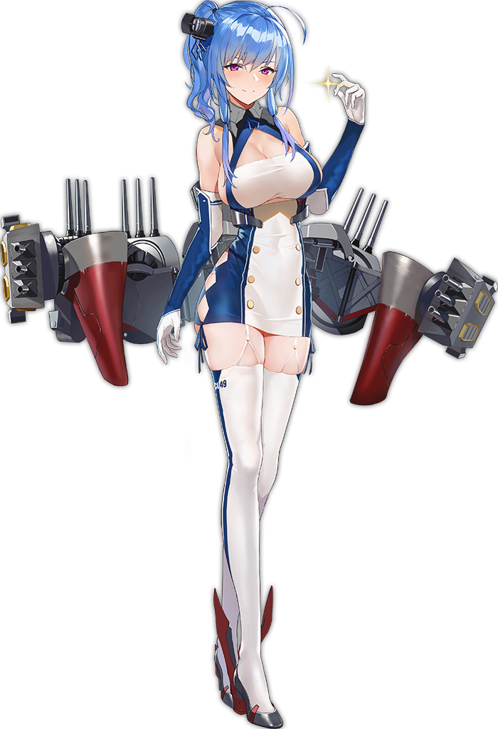 1girl ahoge azur_lane bangs bare_shoulders blue_hair blue_ribbon breasts buttons detached_sleeves diamond_(shape) dress full_body garter_straps gloves grey_footwear hair_between_eyes hair_ornament large_breasts long_hair long_sleeves machinery mr_cloud official_art pink_eyes ponytail ribbon short_dress sidelocks simple_background solo sparkle st._louis_(azur_lane) taut_clothes taut_dress thigh-highs tight tight_dress transparent_background turret white_gloves white_legwear zettai_ryouiki