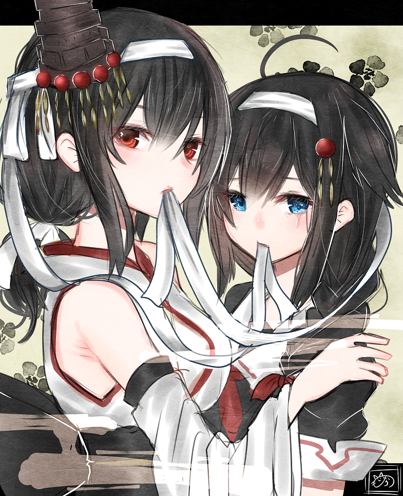 2girls black_hair black_serafuku blue_eyes braid detached_sleeves hair_flaps hair_ornament hair_over_shoulder headband headgear kantai_collection looking_at_viewer mouth_hold multiple_girls nontraditional_miko nora_(salatto) red_eyes red_neckwear remodel_(kantai_collection) school_uniform serafuku shigure_(kantai_collection) short_hair single_braid solo upper_body wide_sleeves yamashiro_(kantai_collection)