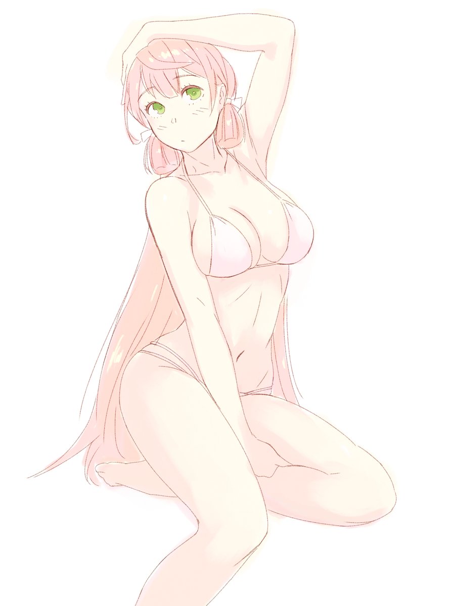 1girl akashi_(kantai_collection) arm_up armpits bangs bare_arms bare_legs bare_shoulders barefoot between_legs bikini breasts character_check closed_mouth eyebrows_visible_through_hair green_eyes hand_between_legs hand_on_head highres kantai_collection large_breasts long_hair looking_at_viewer navel pink_bikini pink_hair sidelocks simple_background sitting solo swimsuit very_long_hair white_background yuuji_(and)