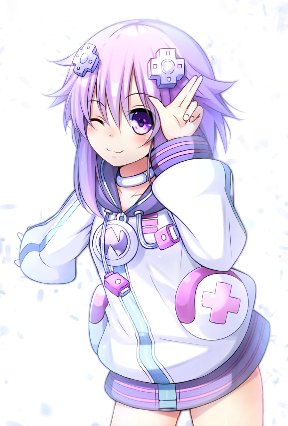 1girl choker d-pad d-pad_hair_ornament doria_(5073726) hair_ornament hood hooded_track_jacket hoodie jacket looking_at_viewer neptune_(choujigen_game_neptune) neptune_(series) one_eye_closed purple_hair smile solo track_jacket violet_eyes