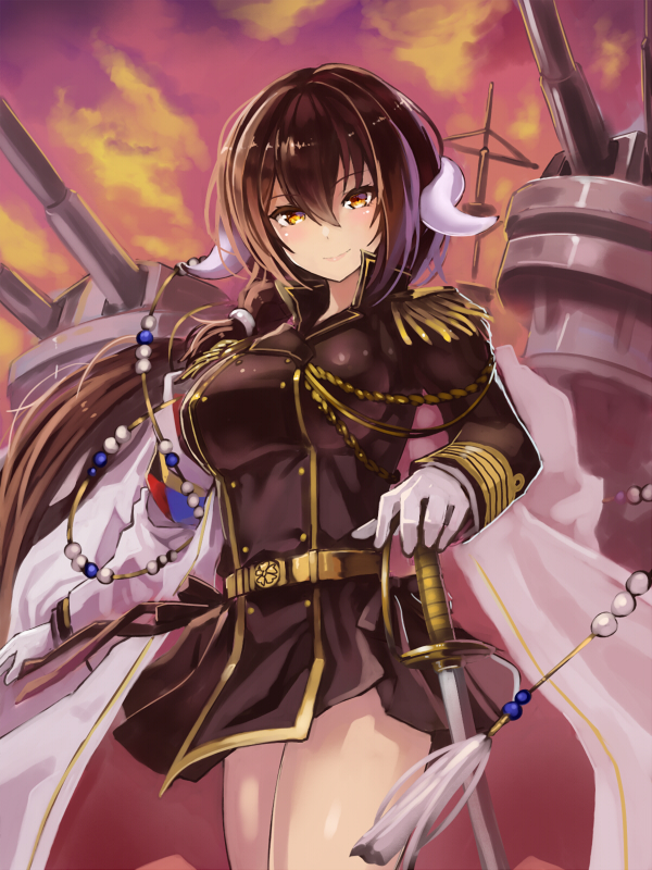 1girl aiguillette azur_lane bangs belt black_shirt black_skirt breasts brown_eyes brown_hair buttons clouds cloudy_sky commentary cowboy_shot edobox epaulettes gloves hair_between_eyes hand_on_sword horns katana kikumon large_breasts long_hair long_sleeves looking_at_viewer low_ponytail machinery mikasa_(azur_lane) military military_uniform shirt skirt sky smile solo sword turret uniform weapon white_coat white_gloves wing_collar z_flag