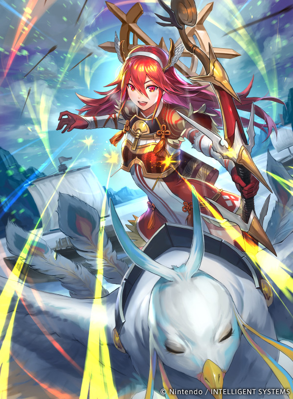 1girl armor arrow bird boat bow breastplate clouds cloudy_sky dress elbow_gloves fire_emblem fire_emblem_cipher fire_emblem_if foreshortening gloves hair_between_eyes hairband hmk84 long_hair looking_at_viewer matoi_(fire_emblem_if) ocean official_art open_mouth pegasus_knight quiver red_eyes red_gloves redhead riding_bird sky smile tassel watercraft watermark winged_hair_ornament