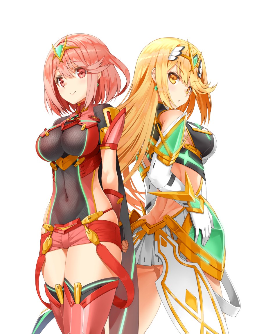 2girls armor blonde_hair breasts covered_navel dress earrings fingerless_gloves gloves green_eyes hair_ornament mythra_(xenoblade) pyra_(xenoblade) jewelry large_breasts long_hair looking_at_viewer multiple_girls murata_taichi red_eyes redhead short_hair shorts sidelocks simple_background smile tiara white_background xenoblade xenoblade_2 yellow_eyes