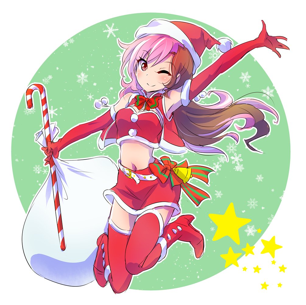 1girl brown_hair candy candy_cane christmas food hat iesupa neo_(rwby) one_eye_closed pink_hair rwby sack santa_costume santa_hat smile snowflakes solo