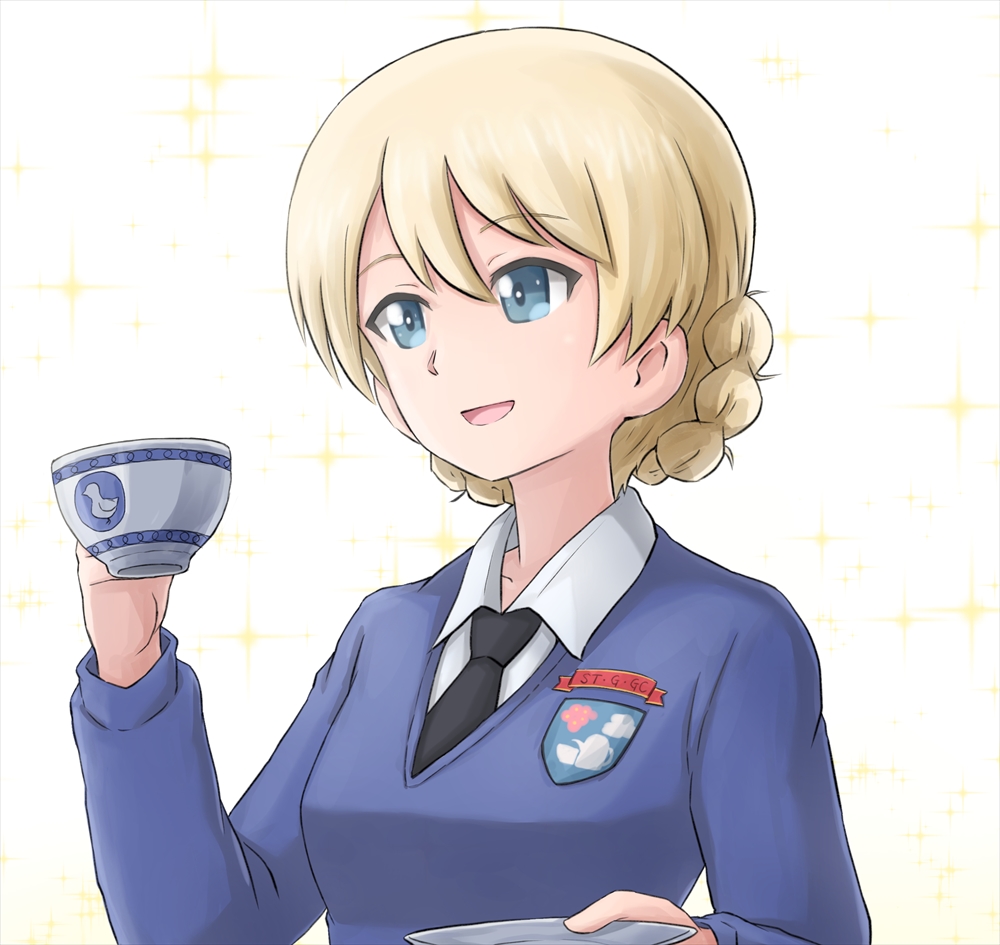 1girl bangs black_neckwear blonde_hair blue_eyes blue_sweater braid commentary_request cup darjeeling dress_shirt emblem eyebrows_visible_through_hair girls_und_panzer holding long_sleeves looking_to_the_side necktie omachi_(slabco) open_mouth portrait school_uniform shirt short_hair simple_background smile solo sparkle st._gloriana's_(emblem) st._gloriana's_school_uniform sweater teacup tied_hair twin_braids v-neck white_background white_shirt