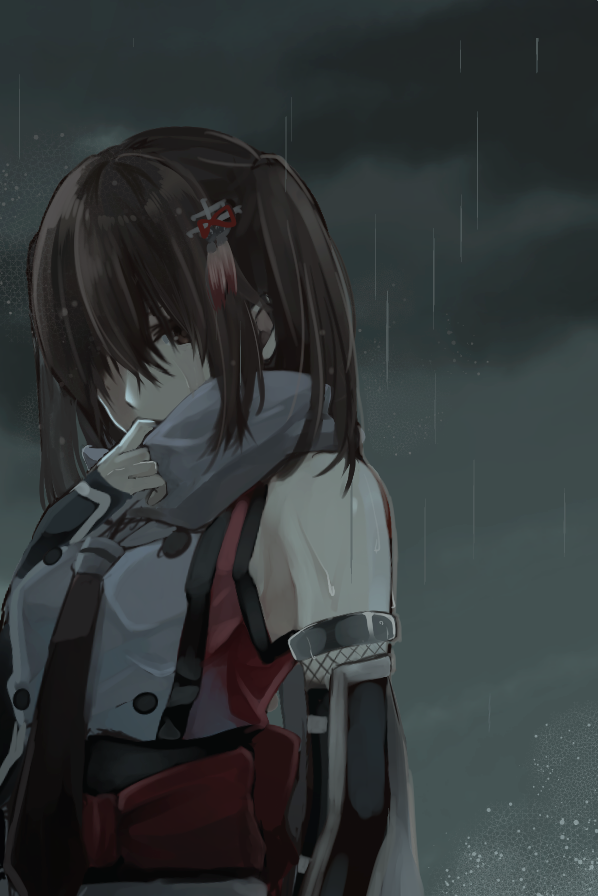 1girl bare_shoulders bracer brown_eyes brown_hair clouds cloudy_sky detached_sleeves grey_scarf hair_between_eyes hair_ornament hair_over_one_eye kantai_collection looking_at_viewer night obi one_eye_covered rain remodel_(kantai_collection) rinto_(rint_rnt) sash scarf scarf_over_mouth school_uniform sendai_(kantai_collection) serafuku sky sleeveless solo twintails upper_body vest wet wet_hair