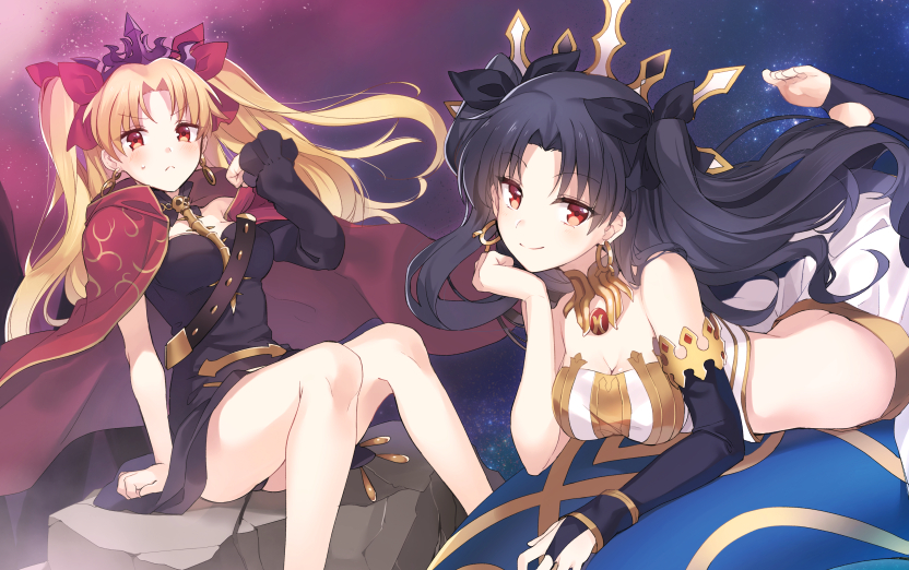 2girls arm_at_side bangs bare_shoulders belt black_dress black_hair black_legwear black_panties black_ribbon blonde_hair blush breasts bridal_gauntlets cape cleavage closed_mouth collar dress earrings ereshkigal_(fate/grand_order) eyebrows_visible_through_hair fate/grand_order fate_(series) hair_ribbon hand_on_own_chin ishtar_(fate/grand_order) jewelry juugonichi_(wheeliex2) long_hair long_sleeves looking_at_viewer lying medium_breasts multiple_girls on_stomach panties pantyshot pantyshot_(sitting) parted_bangs red_cape red_eyes red_ribbon ribbon rock short_dress single_detached_sleeve sitting skirt sky smile star_(sky) starry_sky stirrup_legwear sweat thigh-highs tiara tohsaka_rin tsurime two_side_up underwear v-shaped_eyebrows white_skirt