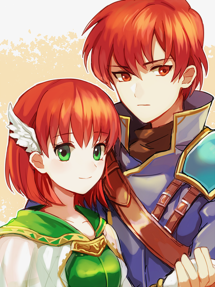 1boy 1girl 2900cm brother_and_sister fire_emblem fire_emblem:_rekka_no_ken green_eyes hair_ornament looking_at_viewer open_mouth priscilla_(fire_emblem) raven_(fire_emblem) red_eyes redhead short_hair siblings simple_background smile