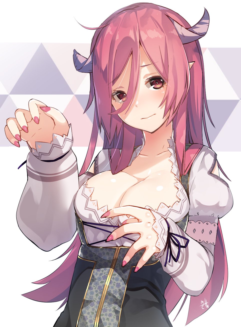 1girl breasts character_request cleavage copyright_request highres horns large_breasts long_hair looking_at_viewer meth_(emethmeth) pink_eyes pink_hair pointy_ears solo upper_body