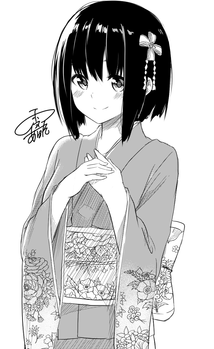 1girl bangs blush closed_mouth commentary_request greyscale hair_ornament highres japanese_clothes kimono long_sleeves looking_at_viewer monochrome obi original own_hands_together sash short_hair signature simple_background smile standing white_background yuki_arare