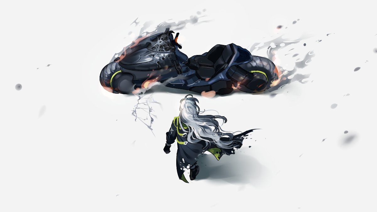 1girl aek-999_(girls_frontline) akira ankle_boots artist_request black_footwear black_gloves black_jacket boots bullet_hole case character_name damaged fire from_above from_behind full_body girls_frontline gloves grey_pants ground_vehicle hood hoodie jacket long_hair long_sleeves mid-stride motor_vehicle motorcycle open_clothes open_jacket pants ponytail shiny shiny_hair silver_hair smile smoke solo spread_legs striped torn_clothes torn_coat very_long_hair weapon white_hair yellow_eyes