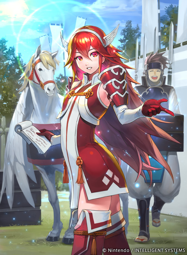1boy 1girl armor banner boots clouds cloudy_sky cowboy_shot dress elbow_gloves fire_emblem fire_emblem_cipher fire_emblem_if flat_chest gloves grass hair_between_eyes hairband hmk84 index_finger_raised lance long_hair looking_at_viewer matoi_(fire_emblem_if) notepad official_art pegasus polearm red_eyes red_gloves redhead short_dress shoulder_armor sky smile solo_focus tassel thigh-highs thigh_boots tree watermark weapon winged_hair_ornament zettai_ryouiki