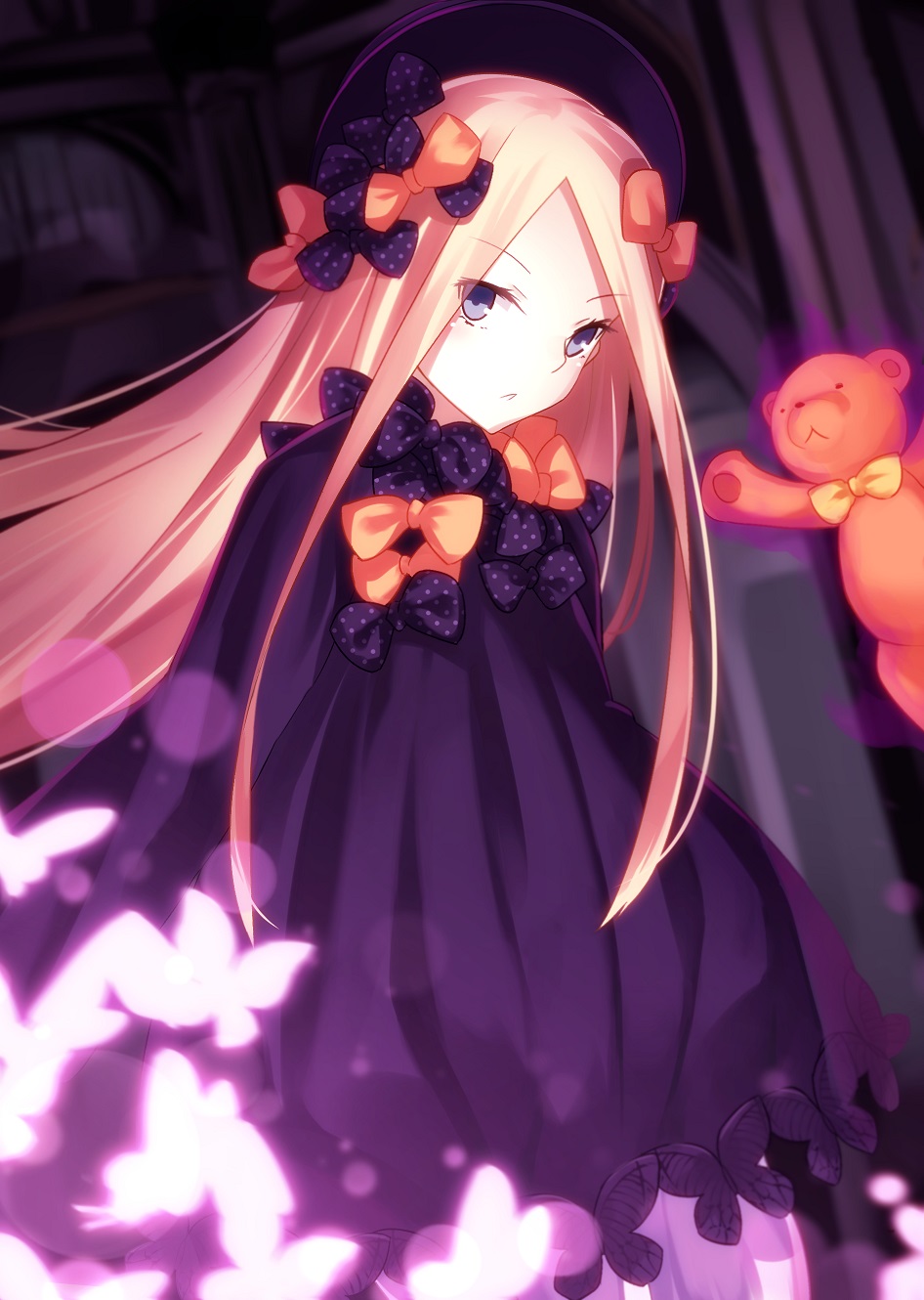 1girl abigail_williams_(fate/grand_order) bangs black_bow black_dress black_hat blonde_hair bloomers blue_eyes blush bow butterfly commentary_request dress eyebrows_visible_through_hair fate/grand_order fate_(series) hair_bow hands_in_sleeves hat head_tilt highres long_hair long_sleeves looking_at_viewer minamina orange_bow parted_bangs parted_lips polka_dot polka_dot_bow solo stuffed_animal stuffed_toy teddy_bear underwear very_long_hair white_bloomers