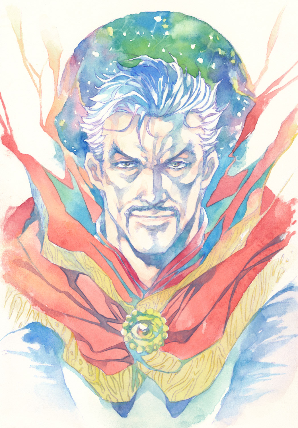 1boy agahari brown_eyes calligraphy_brush_(medium) cape closed_mouth colored_pencil_(medium) doctor_strange eye_of_agamotto facial_hair highres looking_at_viewer male_focus marvel mustache portrait red_cape solo traditional_media upper_body white_hair