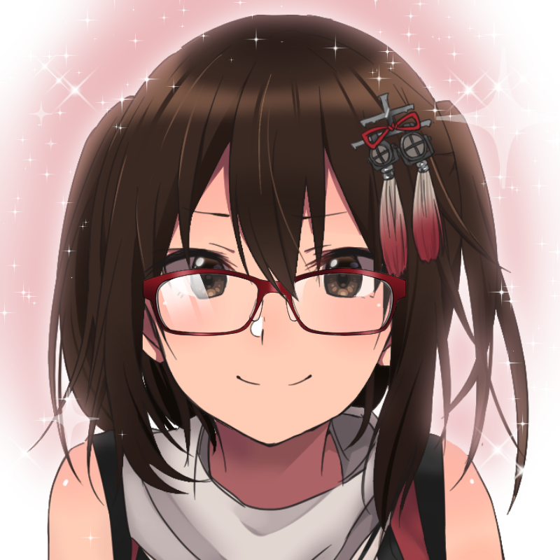 1girl bare_shoulders bespectacled black_gloves brown_eyes brown_hair closed_mouth commentary_request elbow_gloves fingerless_gloves glasses gloves hair_between_eyes kantai_collection pink_background red-framed_eyewear remodel_(kantai_collection) rinto_(rint_rnt) scarf sendai_(kantai_collection) short_hair simple_background smile solo sparkle two_side_up white_background white_scarf