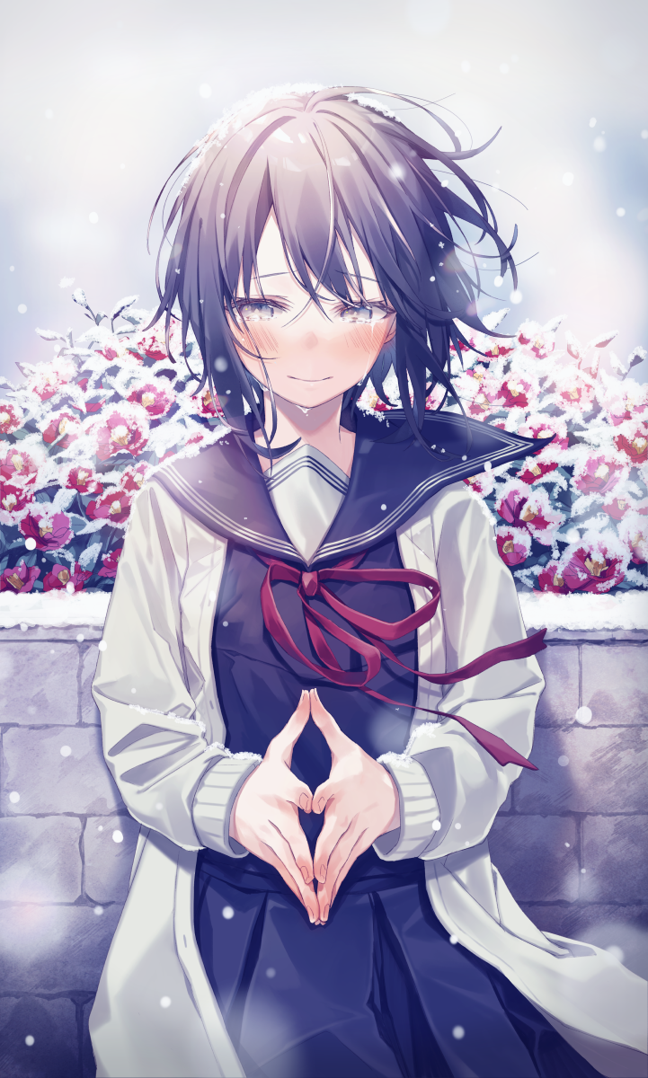 1girl black_hair blue_eyes blue_sailor_collar blue_shirt blue_skirt blush closed_mouth coat commentary_request cowboy_shot day eyebrows_visible_through_hair fingernails fingers_together flower flower_request highres long_sleeves looking_at_viewer neck_ribbon original oshio_(dayo) outdoors pleated_skirt red_neckwear red_ribbon ribbon sailor_collar school_uniform serafuku shirt short_hair skirt snow snowing solo tears