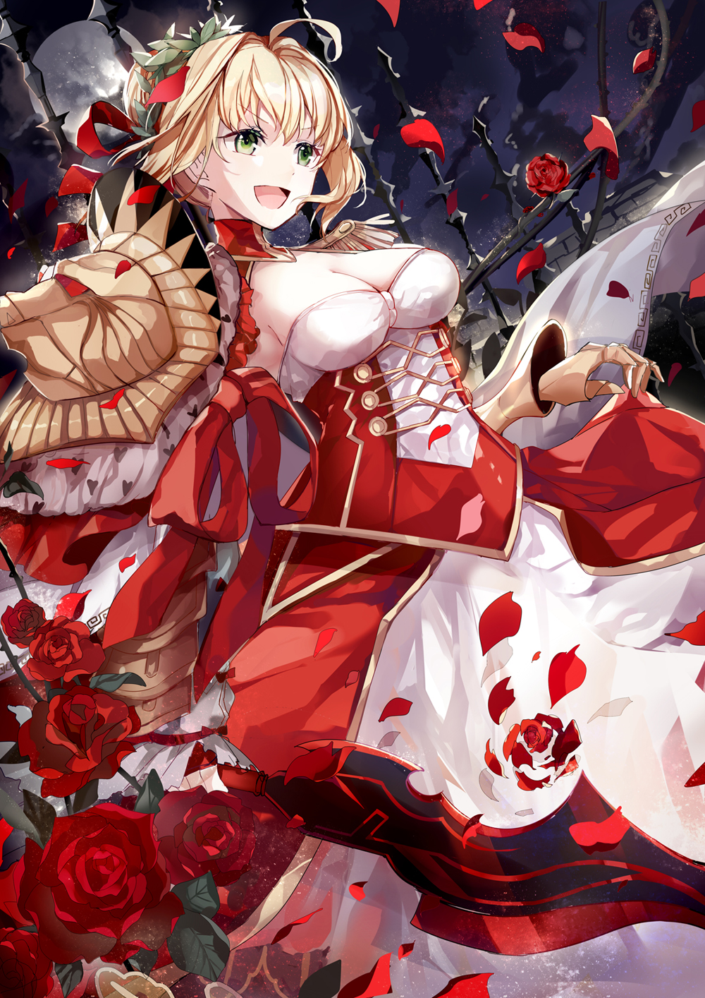 1girl :d aestus_estus ahoge amatsukiryoyu armor blonde_hair blush breasts cleavage cleavage_cutout dress dutch_angle epaulettes fate/extra fate_(series) fence flower from_below full_moon gauntlets green_eyes hair_bun hair_ribbon head_wreath heart heart_print highres holding holding_sword holding_weapon medium_breasts moon nero_claudius_(fate) nero_claudius_(fate)_(all) night night_sky open_mouth petals red_dress red_ribbon red_rose ribbon rose rose_petals saber_extra short_hair shoulder_armor sidelocks skirt_hold sky smile solo standing sword v-shaped_eyebrows weapon wind