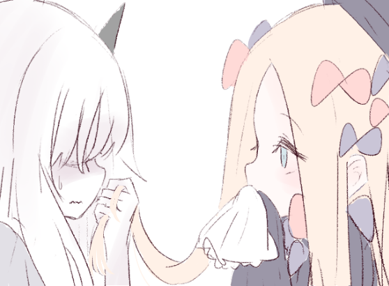 2girls abigail_williams_(fate/grand_order) black_bow black_hat blonde_hair blue_eyes blush bow closed_mouth covered_mouth eye_contact fate/grand_order fate_(series) from_side hair_bow hair_grab hair_over_eyes handkerchief hat holding horn lavinia_whateley_(fate/grand_order) long_hair looking_at_another multiple_girls orange_bow profile ruten_(onakasukusuku) simple_background sweat wavy_mouth white_background white_hair
