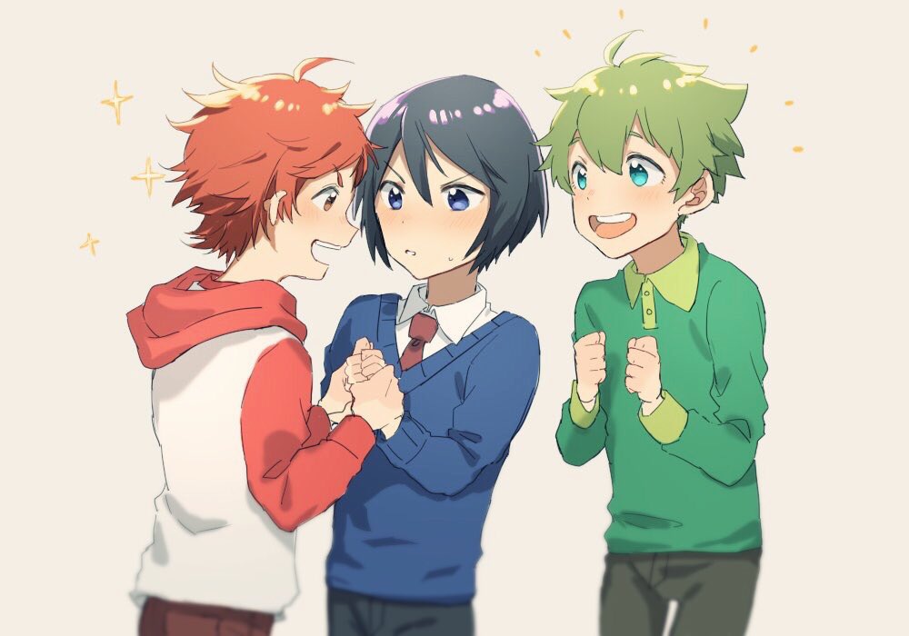 3boys ahoge blue_eyes blue_hair brown_eyes child cowboy_shot dramatic_stars green_eyes green_hair grey_background hood hoodie idolmaster idolmaster_side-m kashiwagi_tsubasa male_focus multiple_boys redhead sakuraba_kaoru simple_background sweater tendou_teru younger