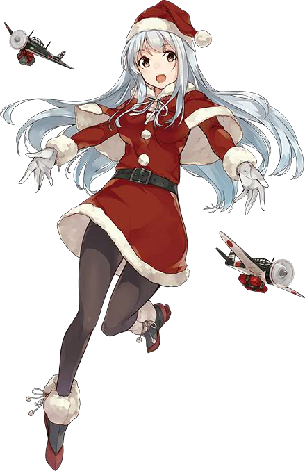 1girl aircraft airplane boots grey_hair hat kantai_collection konishi_(koconatu) long_hair official_art santa_costume santa_hat shoukaku_(kantai_collection) transparent_background