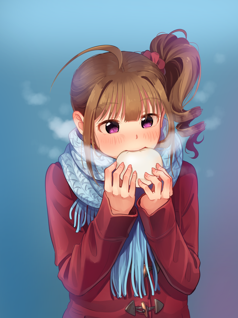 1girl ahoge blue_scarf blush brown_hair coat drill_hair eating eyebrows_visible_through_hair food holding holding_food idolmaster idolmaster_million_live! kamille_(vcx68) long_sleeves looking_away parted_lips red_coat scarf scrunchie short_hair solo violet_eyes yokoyama_nao