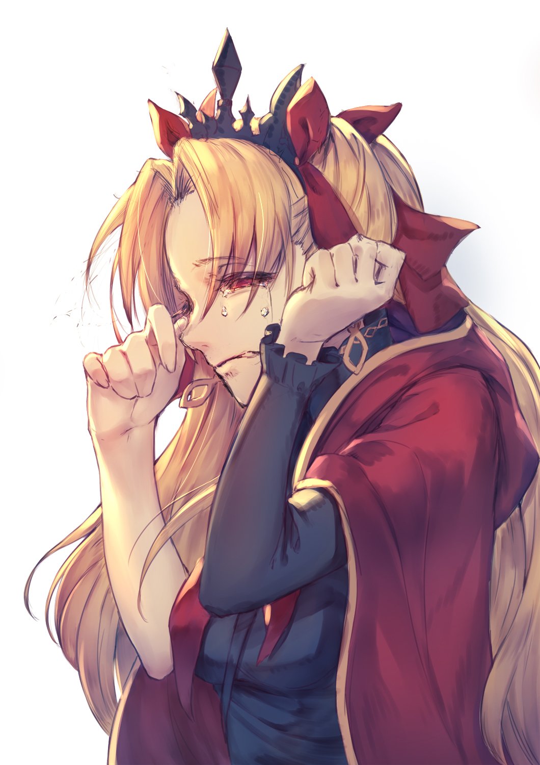 1girl black_shirt blonde_hair bow cape crown crying crying_with_eyes_open earrings ereshkigal_(fate/grand_order) eyebrows_visible_through_hair eyes_visible_through_hair fate/grand_order fate_(series) hair_bow half-closed_eyes highres jewelry kotoribako long_hair long_sleeves red_bow red_cape red_eyes sad shirt simple_background single_sleeve sketch solo tears tohsaka_rin upper_body white_background wiping_tears