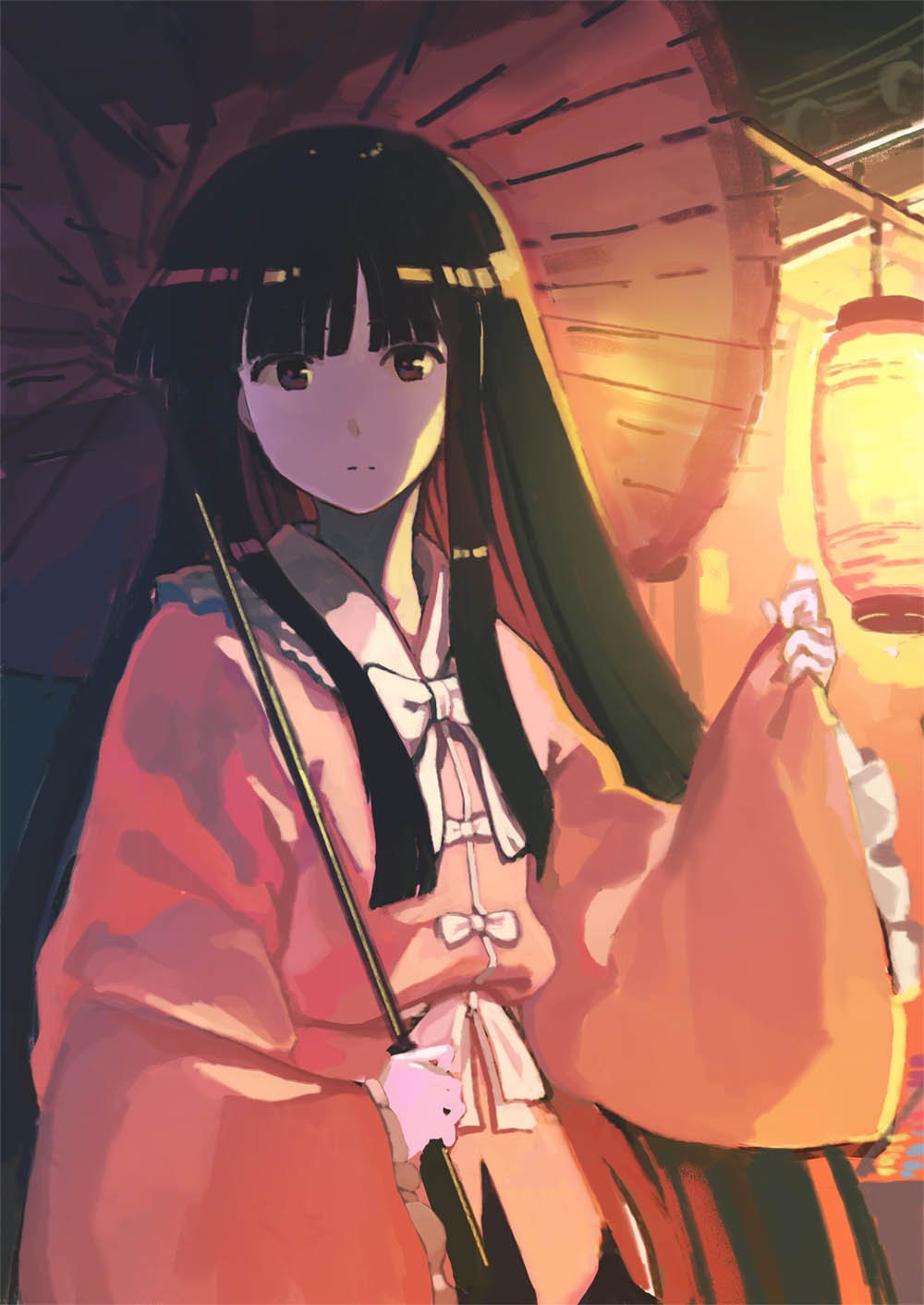 1girl black_hair brown_eyes frilled_sleeves frills highres hime_cut houraisan_kaguya japanese_clothes lantern long_hair nurupo_(abooon) oriental_umbrella ribbon sidelocks touhou umbrella wide_sleeves