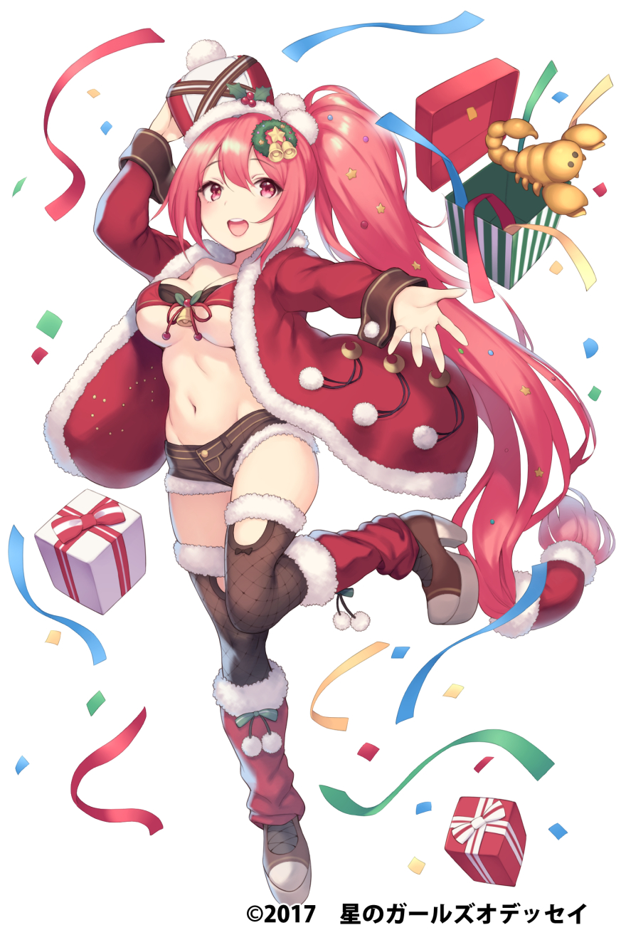 1girl :d antares_(hoshi_no_girls_odyssey) bell black_legwear blush boots box breasts cleavage coat commentary_request confetti full_body gift gift_box hair_bell hair_ornament hat high_heel_boots high_heels highres hoshi_no_girls_odyssey large_breasts long_hair long_sleeves looking_at_viewer navel open_mouth pink_eyes pink_hair pokachu pom_pom_(clothes) pony short_shorts shorts simple_background smile solo toy under_boob very_long_hair white_background