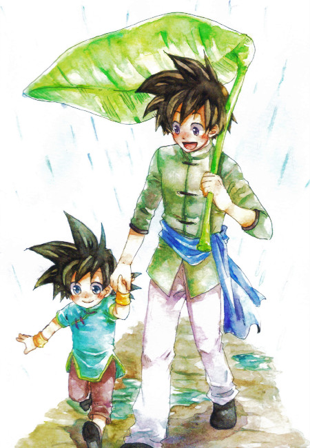 2boys :d ake_(ake54) black_hair blue_eyes brothers chinese_clothes dragon_ball dragonball_z hand_holding happy leaf looking_at_another looking_away male_focus multiple_boys open_mouth rain short_hair siblings simple_background smile son_gohan son_goten spiky_hair traditional_media walking watercolor_pencil_(medium) white_background wristband