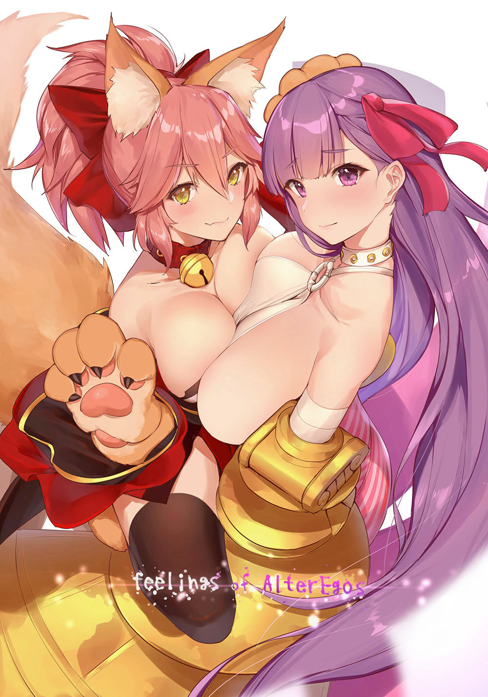 2girls animal_ears asymmetrical_docking bare_shoulders bell bell_collar belt_collar black_legwear blush bow breast_press breasts cat_paws cleavage collar commentary_request eyebrows_visible_through_hair fangs fate/extra fate/extra_ccc fate/grand_order fate_(series) fox_ears fox_tail gloves hair_bow hair_ribbon halterneck highres huge_breasts jingle_bell large_breasts long_hair looking_at_viewer multiple_girls o-ring o-ring_top passion_lip paw_gloves paws pink_hair pink_ribbon purple_hair ribbon signature simple_background smile tail tamamo_(fate)_(all) tamamo_cat_(fate) text thigh-highs very_long_hair violet_eyes white_background yaman yellow_eyes