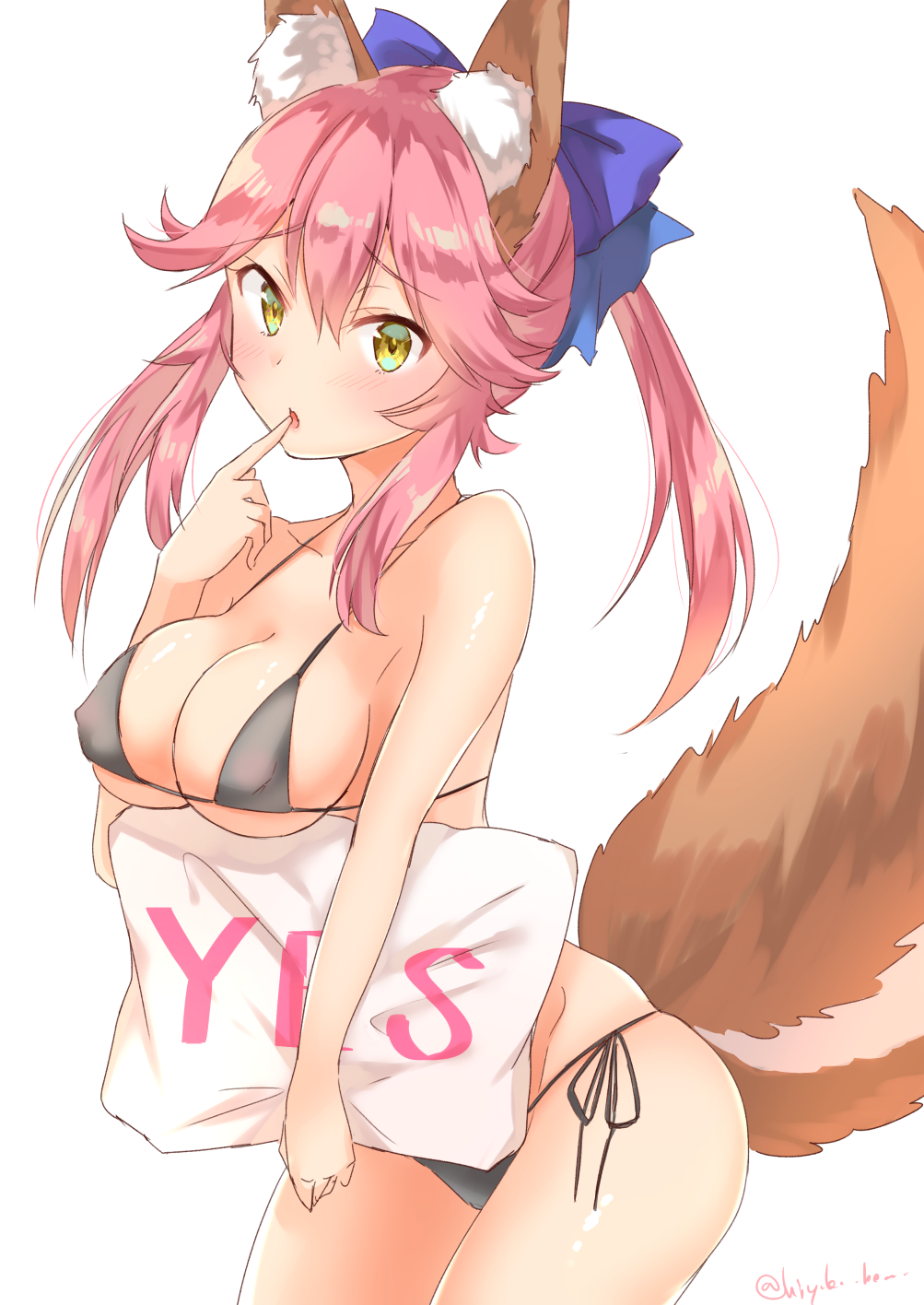 1girl animal_ears blush breasts cleavage collarbone fate/grand_order fate_(series) finger_to_mouth fox_ears fox_tail groin highres hiyoko_biimu holding holding_pillow large_breasts open_mouth panties pillow pink_hair side-tie_panties simple_background solo tail tamamo_(fate)_(all) tamamo_no_mae_(fate) underwear underwear_only white_background yellow_eyes yes-no_pillow