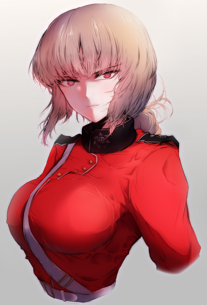 1girl bangs between_breasts braid breasts brown_hair fate/grand_order fate_(series) florence_nightingale_(fate/grand_order) grey_background large_breasts looking_at_viewer military military_uniform mityubi red_eyes single_braid solo strap_cleavage uniform