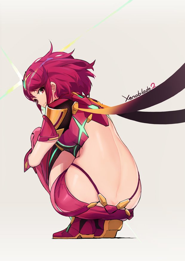 1girl armor ass back bare_back boots breasts butt_crack closed_mouth crop_top from_behind full_body glowing grey_background headpiece pyra_(xenoblade) knees_on_chest knees_up leg_hug looking_back medium_breasts red_eyes red_footwear red_shorts redhead short_hair short_shorts shorts shoulder_armor shoulder_pads sidelocks simple_background skindentation smile solo squatting thigh-highs thigh_boots xenoblade xenoblade_2 xiao_yeyouxi