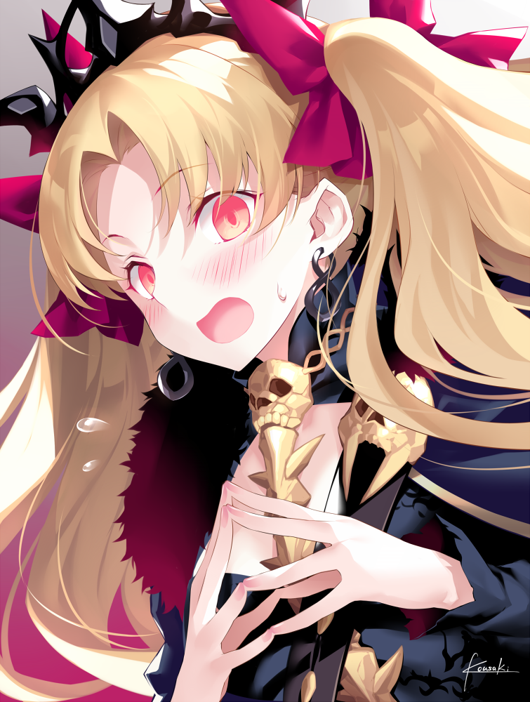 1girl artist_name bangs blonde_hair blush bow ereshkigal_(fate/grand_order) eyebrows_visible_through_hair fate/grand_order fate_(series) fur_trim hair_bow hands_up kousaki_rui long_hair looking_at_viewer open_mouth own_hands_together purple_bow red_eyes signature skull solo sweatdrop tiara tohsaka_rin two_side_up