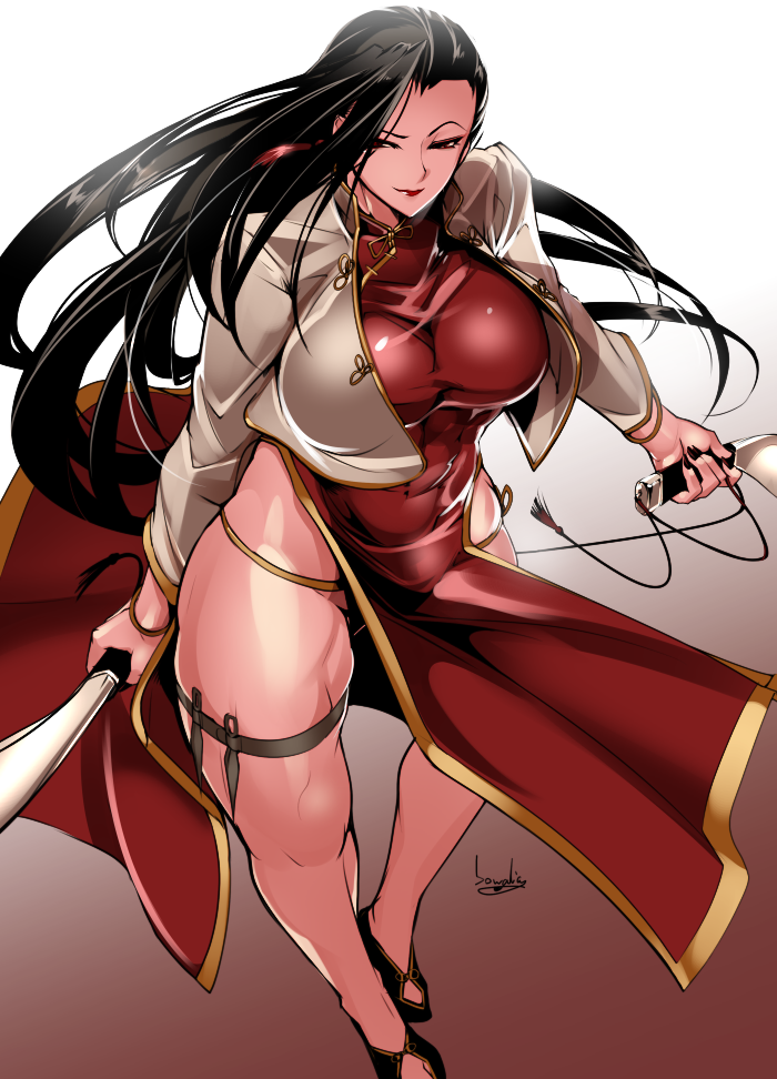 1girl artist_name black_hair black_lagoon bowalia breasts brown_eyes china_dress chinese_clothes covered_navel dress gradient gradient_background kunai large_breasts legs lips lipstick long_hair makeup nail_polish raised_eyebrow red_background shenhua signature solo sword thick_thighs thighs weapon white_background