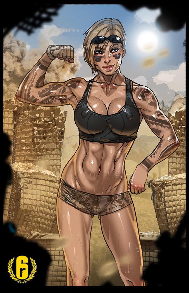 1girl arm_tattoo biceps blonde_hair breasts camouflage camouflage_shorts cleavage collarbone commentary day desert erect_nipples eyewear_on_head facepaint facial_hair fingerless_gloves flexing ganassa gloves gluteal_fold large_breasts lips looking_at_viewer midriff muscle muscular_female navel pose rainbow_six rainbow_six_siege shiny shiny_skin short_shorts shorts single_glove solo sports_bra standing sunglasses sweat tattoo toned valkyrie_(rainbow_six_siege) war_paint