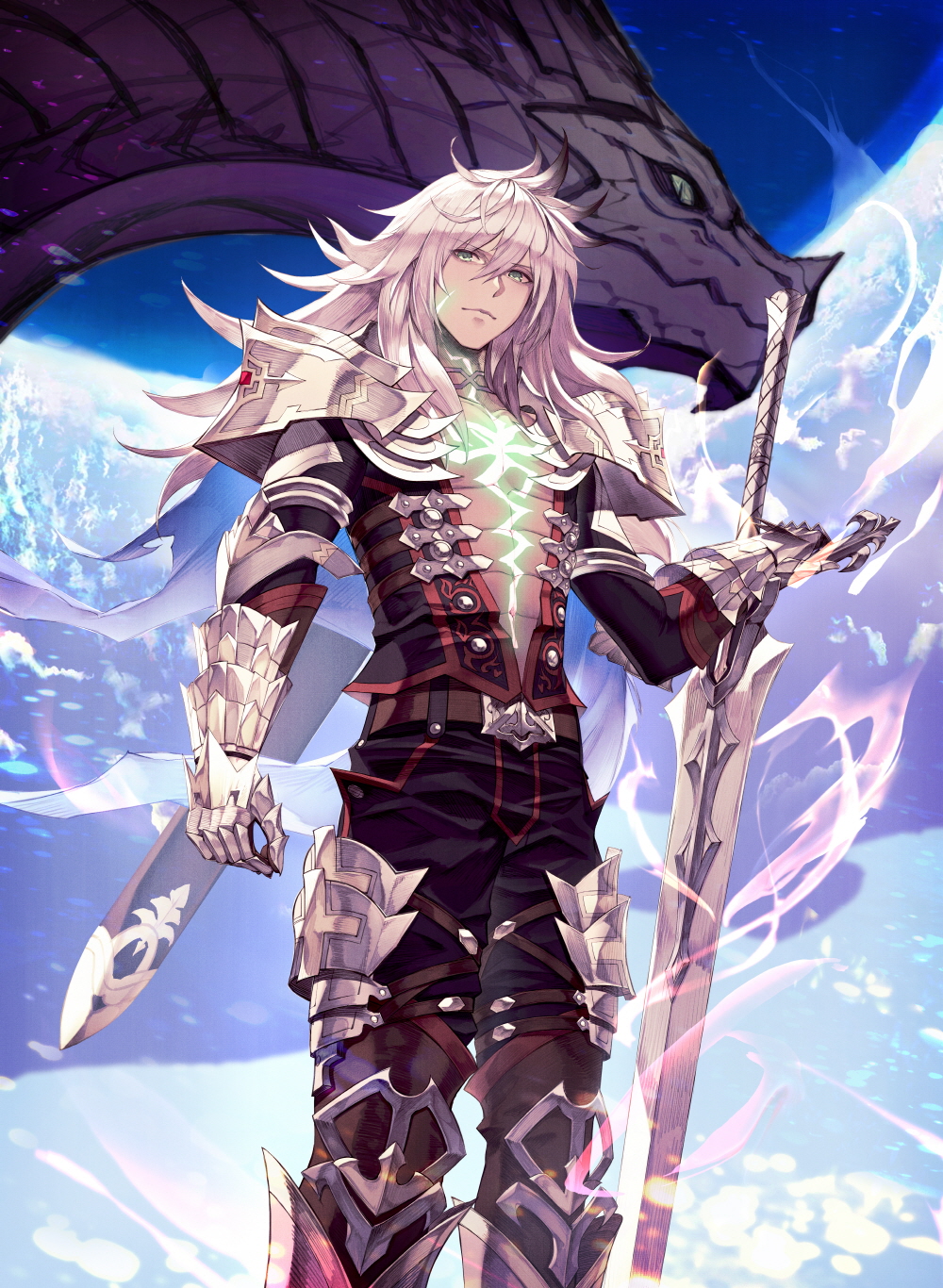 1boy armor closed_mouth clouds commentary_request dark_skin dark_skinned_male dragon eis expressionless fate/apocrypha fate_(series) from_below gauntlets glowing glowing_tattoos greaves green_eyes highres long_hair male_focus pauldrons saber_of_black shoulder_pads sky tattoo white_hair