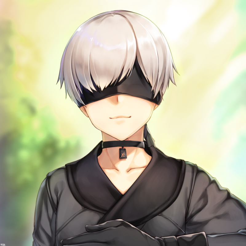 1boy black_gloves black_jacket blindfold facing_viewer gloves jacket male_focus nier_(series) nier_automata silver_hair smile solo teroru upper_body yorha_no._9_type_s