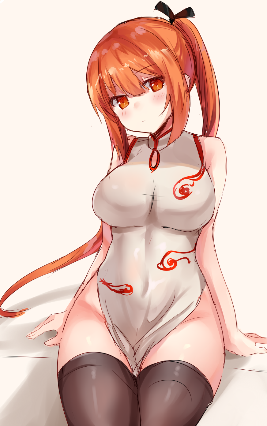 1girl black_legwear blush breasts china_dress chinese_clothes chiune_(yachi) covered_navel dress groin head_tilt highres hips large_breasts long_ponytail looking_at_viewer no_panties orange_eyes orange_hair original sitting sketch solo thigh-highs thighs white_background