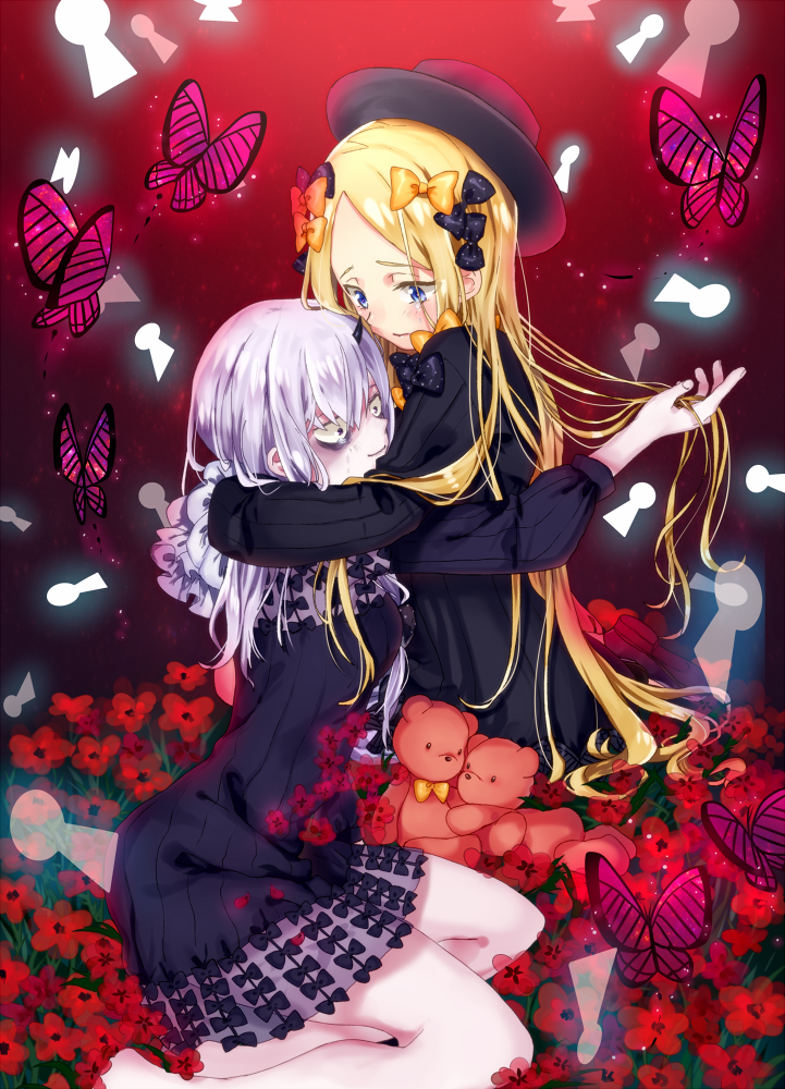 2girls abigail_williams_(fate/grand_order) animal bangs barefoot black_bow black_dress black_eyes black_hat blonde_hair blue_eyes bow butterfly closed_mouth commentary_request crying crying_with_eyes_open dress fate/grand_order fate_(series) field flower flower_field hair_bow hands_in_sleeves hat hug keyhole lavinia_whateley_(fate/grand_order) long_hair long_sleeves looking_at_viewer multiple_girls orange_bow oriharaizaya819 parted_bangs polka_dot polka_dot_bow red_flower sitting smile stuffed_animal stuffed_toy tears teddy_bear very_long_hair wide-eyed yokozuwari