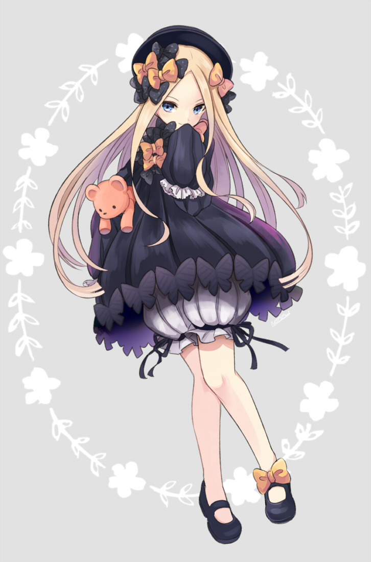 1girl abigail_williams_(fate/grand_order) bangs black_bow black_dress black_footwear black_hat blonde_hair bloomers blue_eyes blush bow butterfly closed_mouth commentary_request dress fate/grand_order fate_(series) full_body grey_background hair_bow hands_in_sleeves hat long_sleeves looking_at_viewer mary_janes mikanmochi object_hug orange_bow parted_bangs polka_dot polka_dot_bow shoes smile solo stuffed_animal stuffed_toy teddy_bear underwear white_bloomers