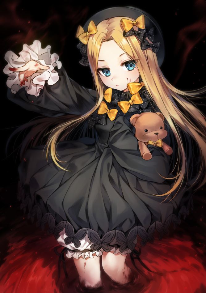 1girl abigail_williams_(fate/grand_order) bangs black_bow black_dress black_hat blonde_hair blood bloody_hands bloomers blue_eyes blush bow butterfly closed_mouth commentary_request dress eyebrows_visible_through_hair fate/grand_order fate_(series) fire gijang hair_bow hair_intakes hands_in_sleeves hat long_sleeves looking_at_viewer object_hug orange_bow outstretched_arm parted_bangs polka_dot polka_dot_bow solo standing stuffed_animal stuffed_toy teddy_bear underwear white_bloomers