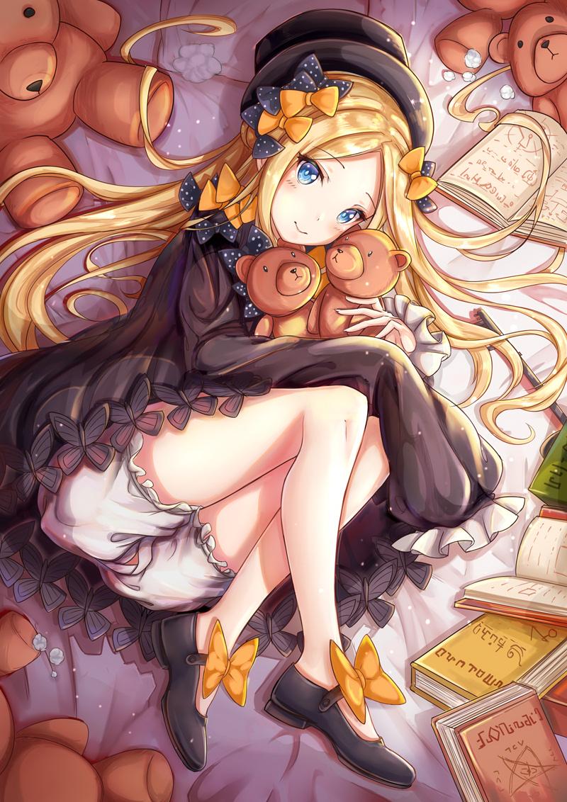 1girl abigail_williams_(fate/grand_order) bangs black_bow black_dress black_footwear black_hat blonde_hair bloomers blue_eyes blush book bow butterfly closed_mouth commentary_request dress eyebrows_visible_through_hair fate/grand_order fate_(series) fingernails hair_bow hat long_hair long_sleeves looking_at_viewer lying object_hug on_side open_book orange_bow parted_bangs polka_dot polka_dot_bow shoes smile solo stuffed_animal stuffed_toy teddy_bear underwear very_long_hair white_bloomers zhi_yu_(siro800102)