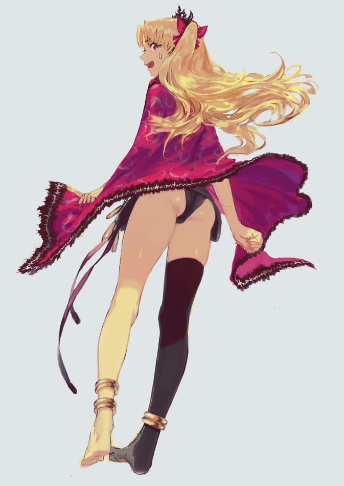 1girl anklet ass asymmetrical_legwear bangs black_panties blonde_hair blue_background cape commentary ereshkigal_(fate/grand_order) fate/grand_order fate_(series) from_behind jewelry long_hair looking_at_viewer looking_back open_mouth panties pink_cape red_eyes ryono_mizuki simple_background single_thighhigh solo standing sweatdrop thigh-highs tohsaka_rin twintails underwear