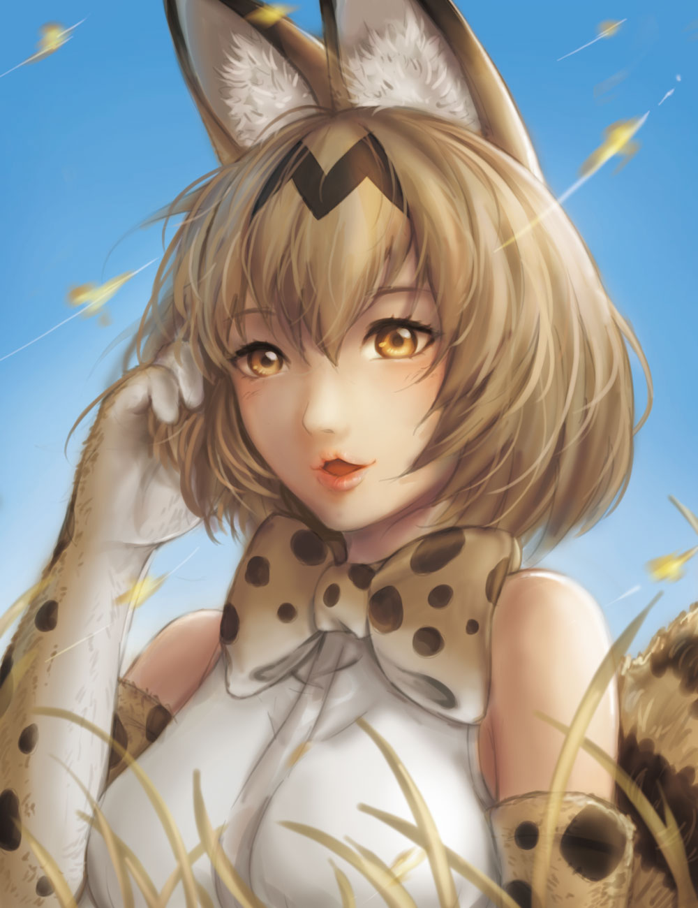 1girl animal_ears blush bow bowtie breasts brown_gloves brown_hair brown_neckwear day elbow_gloves eyebrows_visible_through_hair gloves highres kemono_friends large_breasts looking_at_viewer open_mouth orange_eyes outdoors serval_(kemono_friends) serval_ears short_hair sky sleeveless smile solo upper_body white_gloves yoon_(jonatham)